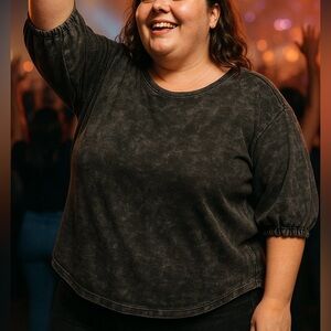 Dex Black Acid Wash Puff Sleeve Knit Top size 2X